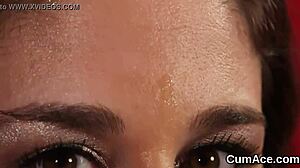 sexy hottie blasted with cum on face, swallows it all!