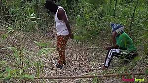 Descriptive Ebony queen transforms morning workout into wild bush banging with village trainer.