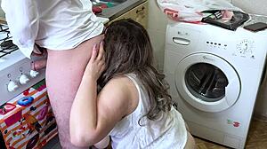 stepmom was about to cook breakfast when stepson surprised her from behind