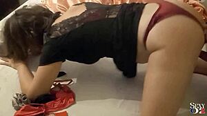 French amateur in see-through dress and satin panties teases with deepthroat and rimming