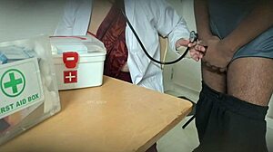 Doctor secretly giving blowjob in the clinic, sucking cock while patient watches