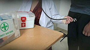 Doctor secretly giving blowjob in the clinic, sucking cock while patient watches