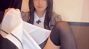 Beautiful Japanese ladyboy in nurse costume masturbates quietly