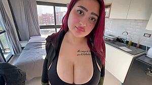 Redhead Latina with a big ass screws her trainer hard. She takes a load of cum on her face.
