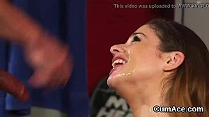 sexy hottie blasted with cum on face, swallows it all!