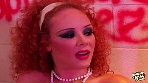 Busty Redheaded Slut Receives Double Anal Penetration in Filthy Bathroom Group Facial