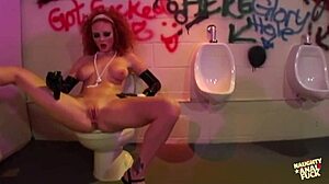 Busty Redheaded Slut Receives Double Anal Penetration in Filthy Bathroom Group Facial