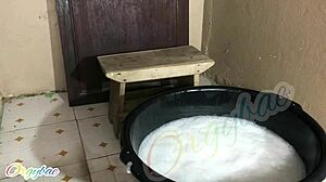 housewife's emotional laundry day with shaved pussy