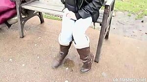 Can you believe this British lassie pissing her pants in public view?