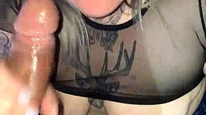 Blonde gives deep throat blowjob, swallowing lover's cum