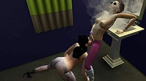 Feeling excited licking fresh pussy in Sims 4 public toilet