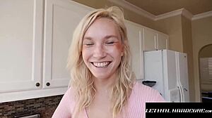 super hot blonde goes to her bosss house to fuck him