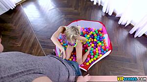 this cute blonde stepsister, extra tiny and petite, gives blowjob and doggystyle