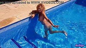 Blonde couple enjoys tight pussy play and hot sex in the pool water.