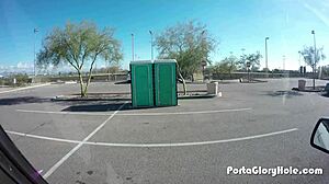 Porta gloryhole features chubby slut performing blowjob and swallowing cum in public