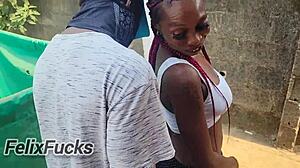 mature skinny woman in miniskirt gets doggystyle fucked outdoors with wet pussy