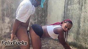 mature skinny woman in miniskirt gets doggystyle fucked outdoors with wet pussy