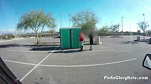 Porta gloryhole features chubby slut performing blowjob and swallowing cum in public