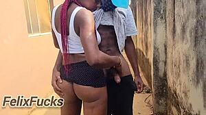 mature skinny woman in miniskirt gets doggystyle fucked outdoors with wet pussy