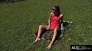 slim teen 18+ oils up, uhh, climaxes hard in sun with vibrator