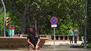 spanish hottie gets wild with a crowd outdoors