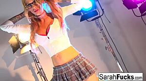 In This Solo Scene, Busty Babe Sarah Dresses Up In Sexy Outfits And Masturbates Her Pussy Passionately