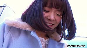 Hey, watch Haruka Miura finger and toy her trimmed pussy!