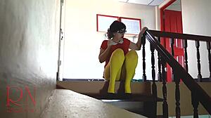 Velma from scooby doo searches for crime traces in retro setting with pantyhose and stockings.