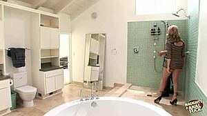 blonde cheats with anal shower threesome after argument