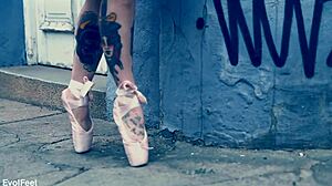 ballerina in ballet shoes walks down the street