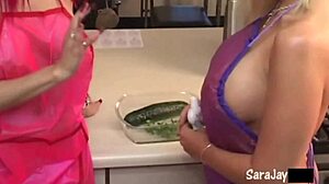 Blonde milf Sara's wild lesbian sex in the kitchen!