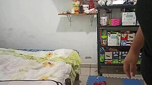 Sexy stepmom cleans bedroom in thong and records for stepson