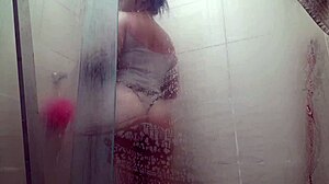 Wife teases electrician, fucks in shower! Hidden from husband, gaping bareback blowjob!