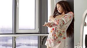 Young russian brunette babe peachy masturbates her shaved pussy and small boobs