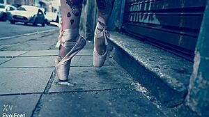 ballerina in ballet shoes walks down the street