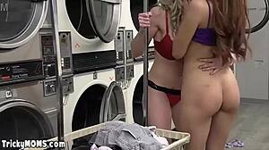 Two sexy wives battle pussies with oral in public washing room!