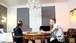 tutor with short hair whispers, 'ready for our unforgettable affair in stockings?'