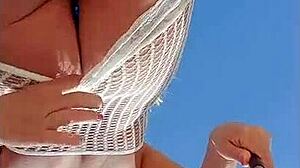 Beautiful Blonde Flashes Big Tits and Ass in See-Through Dress Outdoors