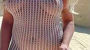 Beautiful Blonde Flashes Big Tits and Ass in See-Through Dress Outdoors