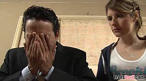 Tranny babysitter Amy Daly consoles the sad one with anal, blowjob, and assfucking.