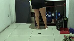 I grab my wet stepmother in lingerie while she cleans, slapping her big tits.