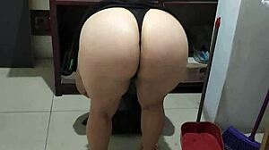 I grab my wet stepmother in lingerie while she cleans, slapping her big tits.