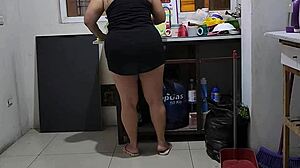 I grab my wet stepmother in lingerie while she cleans, slapping her big tits.