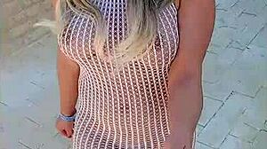 Beautiful Blonde Flashes Big Tits and Ass in See-Through Dress Outdoors
