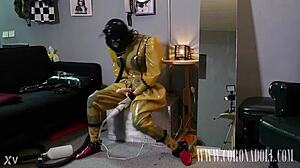 Self-Bondage In Latex Catsuit With Gas Mask