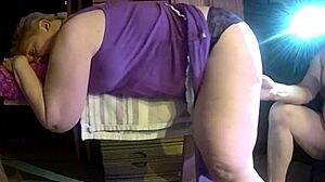 59yo slutwife bent over for dildo closeup.