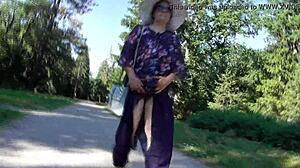 Hairy mature flashes chubby beaver in public park under skirt.