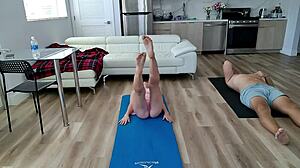 blonde babe gets flexible in workout, showing off shaved body and natural tits