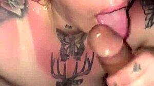 Sunburned girl gives deepthroat blowjob