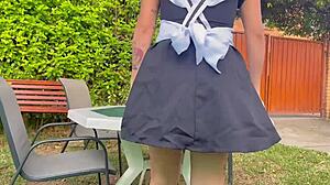 Janitor girl gets fucked in the garden with pussy licking